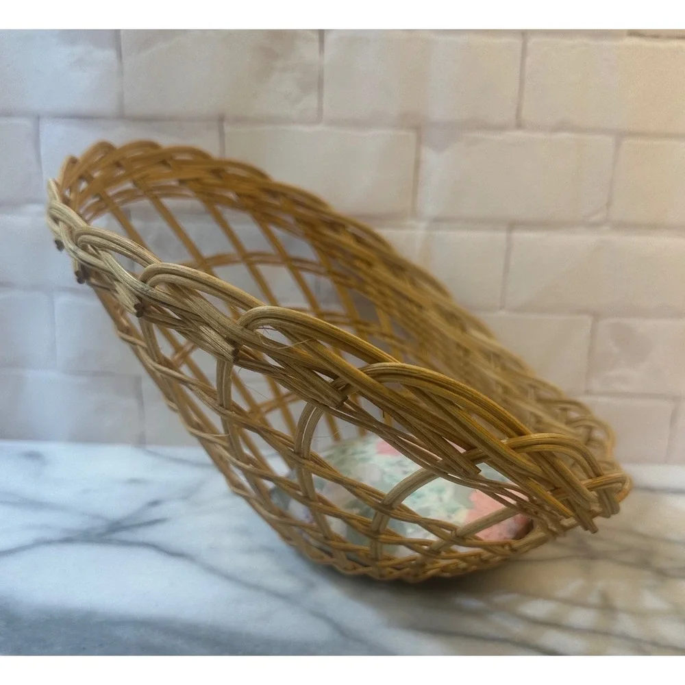Vintage Wicker Slanted Display Basket with Floral Pincushion Base Natural Rattan